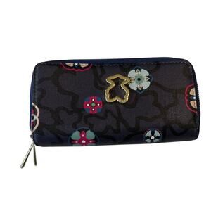 TOUS Floral Print Zip-Around Wallet – Navy Multicolor – Double Zip Organizer
